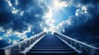 long staircase to royal blue dramatic clouds with sunlight rays fantasy background from Generative AI