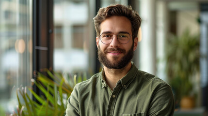 Portrait of handsome bearded businessman wearing olive shirt and glasses smiling at camera standing in bright modern office