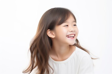 Sticker - A beautiful Asian woman with long straight hair  whose skin is tan is wearing an all white shirt, and smiling with a face which is full of happiness in a white room. Generative AI.