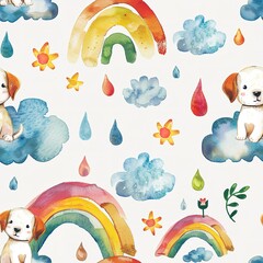 Canvas Print - Puppies and rainbows, hopeful watercolor, seamless pattern, bright hues, after the rain, joyful discovery. Seamless Pattern, Fabric Pattern, Tumbler Wrap, Mug Wrap.