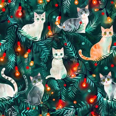 Wall Mural - Christmas cats and holiday lights, festive watercolor, seamless pattern, bright reds and greens, cozy celebrations, merry purrs. Seamless Pattern, Fabric Pattern, Tumbler Wrap, Mug Wrap.