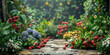 Stone pathway through lush garden with flowers and fruit trees in bloom surrounded by vibrant greenery