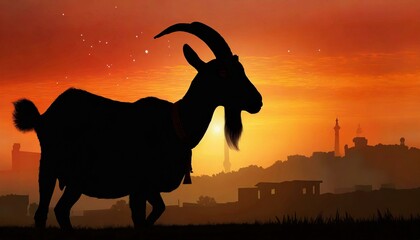 silhouette of a horse in the sunset, silhouette of a goat on a farm for eid-ul-adha