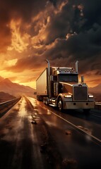 Wall Mural - Truck with container on highway, cargo transportation concept