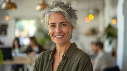 Wall Mural - Smiling businesswoman leader standing in office, wearing olive business casual shirt, looking at camera with happy expression, group of people working on blurred background