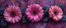 Three Pink Flowers Are Sitting On A Purple Background With Swirls