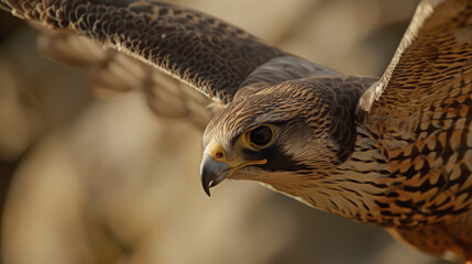 A close up of a falcon in mid flight