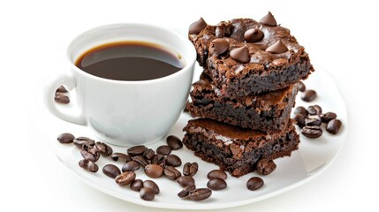 Poster - Brownies served with coffee on a white background