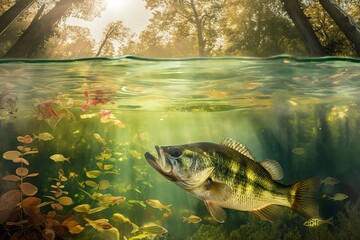 Wall Mural - Split View Image with Largemouth Bass created with Generative AI Technology, ai, generative