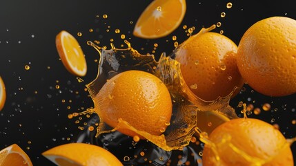 Wall Mural - Create a visually enticing 3D scene featuring orange juice splashes on a sophisticated black backdrop