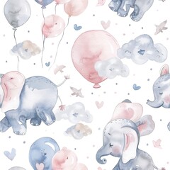 Canvas Print - Baby elephants and pastel balloons, whimsical watercolor, seamless pattern, soft blues and pinks, playful skies. Seamless Pattern, Fabric Pattern, Tumbler Wrap, Mug Wrap.