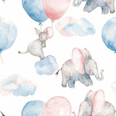 Wall Mural - Baby elephants and pastel balloons, whimsical watercolor, seamless pattern, soft blues and pinks, playful skies. Seamless Pattern, Fabric Pattern, Tumbler Wrap, Mug Wrap.