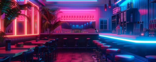 The bar counter in neon light. Modern bright bar, pub, retro neon lighting. Fashionable interior of the establishment, creative design