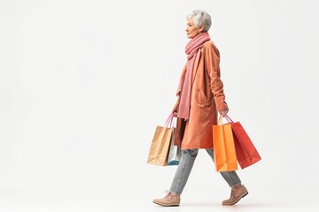 Wall Mural - Full length profile shot of a mature woman carrying grocery bags and walking isolated on white background . photo on white isolated background