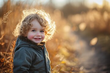 Portrait of a cute little boy with curly hair in a green jacket on a sunny autumn day