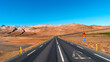 Panoramic over Ring road and geothermal active zone Hverir in Iceland, near Myvatn lake, Martian landscape, summer and blue sky