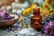 Homeopathic Herbal Remedies with Aromatic Essential Oils and Floral Decor on Wooden Table