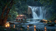 A romantic riverside picnic setup, with a candlelit table for two overlooking a picturesque waterfall, creating a magical ambiance for a memorable dining experience in nature.