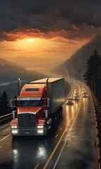 Wall Mural - Truck with container on highway, cargo transportation concept