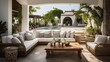 Spacious villa terrace with rattan furniture  
