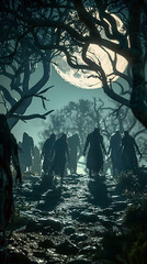 Canvas Print - Macabre Ghouls Gather in Moonlit Clearing,Casting Eerie Shadows in 3D Render