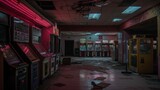 Fototapeta Młodzieżowe - An abandoned arcade, machines still running, a beacon in the dark