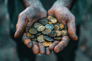 Wall Mural - Close-up of a hand holding a bright, glowing Bitcoin among sparkling gold dust, symbolizing digital wealth and cryptocurrency investment.