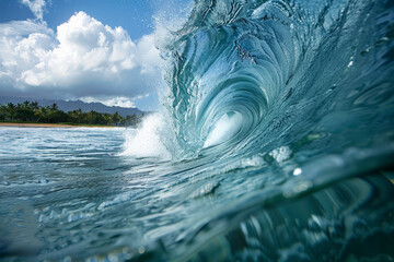 Wall Mural - The crystal-clear barrel of a wave captured from inside, with a sunny blue sky above and sparkling water all around.