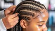  hairdresser weaves girl black dreadlocks. Close up of braiding process. Generative AI	