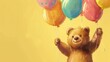 © Jenjira - Cheerful bear clutching colorful birthday balloons, joy radiating against a soft yellow background