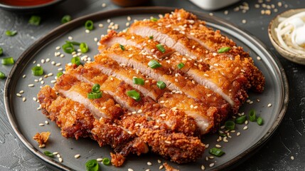 Sticker - Japanese or korean style Tonkatsu, crispy breading and thin slices of meat, food photography, 16:9