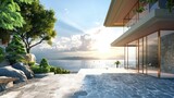Fototapeta  - Illustrate a 3D view of a modern house exterior, with a focus on the integration of design elements that harmonize with a scenic sea and a backdrop of a clear, blue sky.