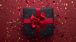 Festive Black Friday surprise! Top view black gift box, adorned with vibrant red ribbon, surrounded by golden star-shaped confetti, set against rich marsala backdrop. Ideal for your Black Friday deals