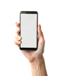 A woman's hand is holding a smartphone with a white screen on it. The image is a PNG file
