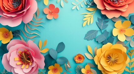 Wall Mural - A paper art background flower, copy space in the middle, vibrant color palette