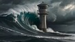A sleek, contemporary tower with tsunami alert horns attached on it that effectively communicate disaster information by using solar power is shown against the backdrop of an approaching storm wave.