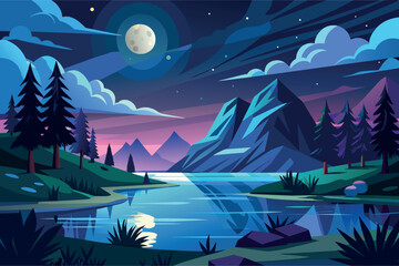 Wall Mural - Night Lake landscape cartoon vector Illustration flat style artwork concept