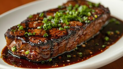 Poster - Roasted beef steak served on a white plate with garnishes of green onions