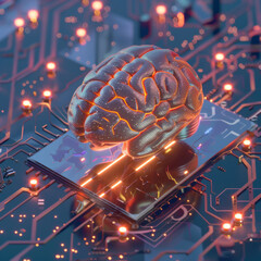 Brain, technology and neon circuit board with data for future engineering, cyber security or geometric programming. Ai research, learning and neuro for thinking patterns connection or dementia study