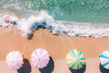 Above drone photography of clear blue water waves beach shore pastel stripe parasol umbrellas pink blue yellow aerial view scenic sand landscape summer remote travel holiday destination copyspace