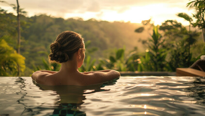 Wall Mural - A woman relaxing in an infinity pool enjoying the natural scenery of lush greenery and trees at sunset, feeling calm after her spa experience