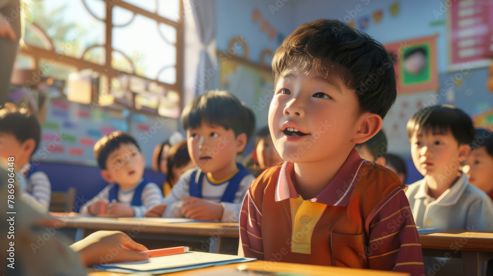 Happy young asian children are attending seriously a lesson in a ...