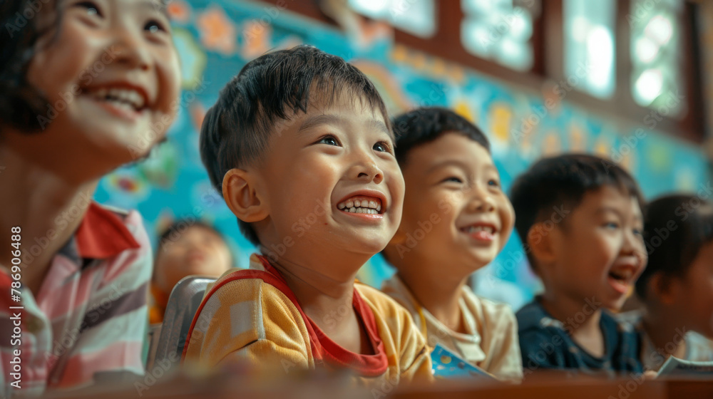 Happy young asian children are attending seriously a lesson in a ...