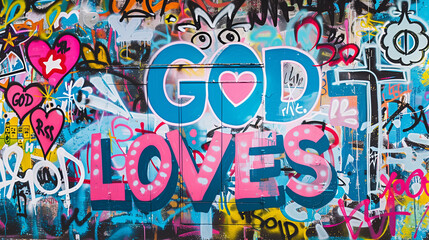 Spray painted graffiti wall positive quote GOD Loves graf paint artist tag rainbow colorful pink blue cross heart  street art mural forgive faith jesus christ religion church word background painting 