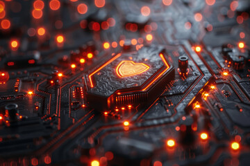 A close-up of a cybersecurity chip with a shield emblem glowing  on a detailed circuit board with illuminated connections.