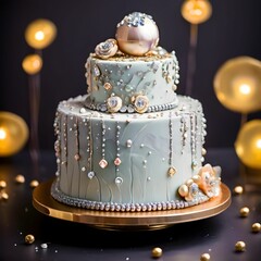 wedding Cake with gem and diamonds on top, gem and diamonds decorating cake, silver ball side, worthy nice cake design with beautiful color background, high value gold cake design with ash color icing