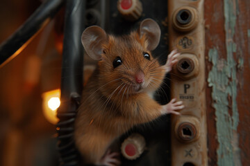 Close-up of an inquisitive mouse with shining eyes surrounded by the warm glow of illuminated light bulbs..