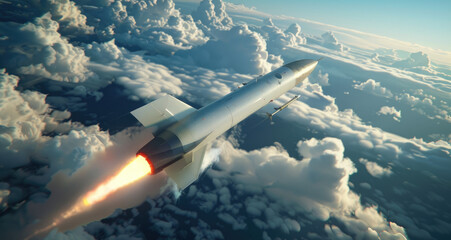 Wall Mural - An aerial view of an air-to-air missile in flight, showcasing its sleek design and high-speed motion against the backdrop of clouds