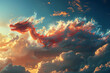 A digital artwork of a magnificent dragon flying amidst vibrant, fiery clouds at sunset, evoking fantasy and adventure.