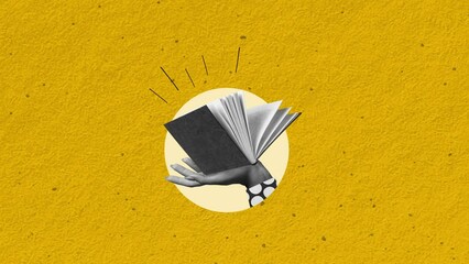 Stop motion, animation. Human hand holding open book over yellow background. Educational services promotion. Concept of education, reading, knowledge. Publishing house marketing. Book club